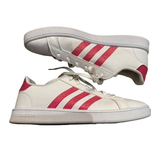 Adidas White Leather Superstar  Sneakers  Womens 5.5 Hot Pink Glitter Stripes - Picture 9 of 10